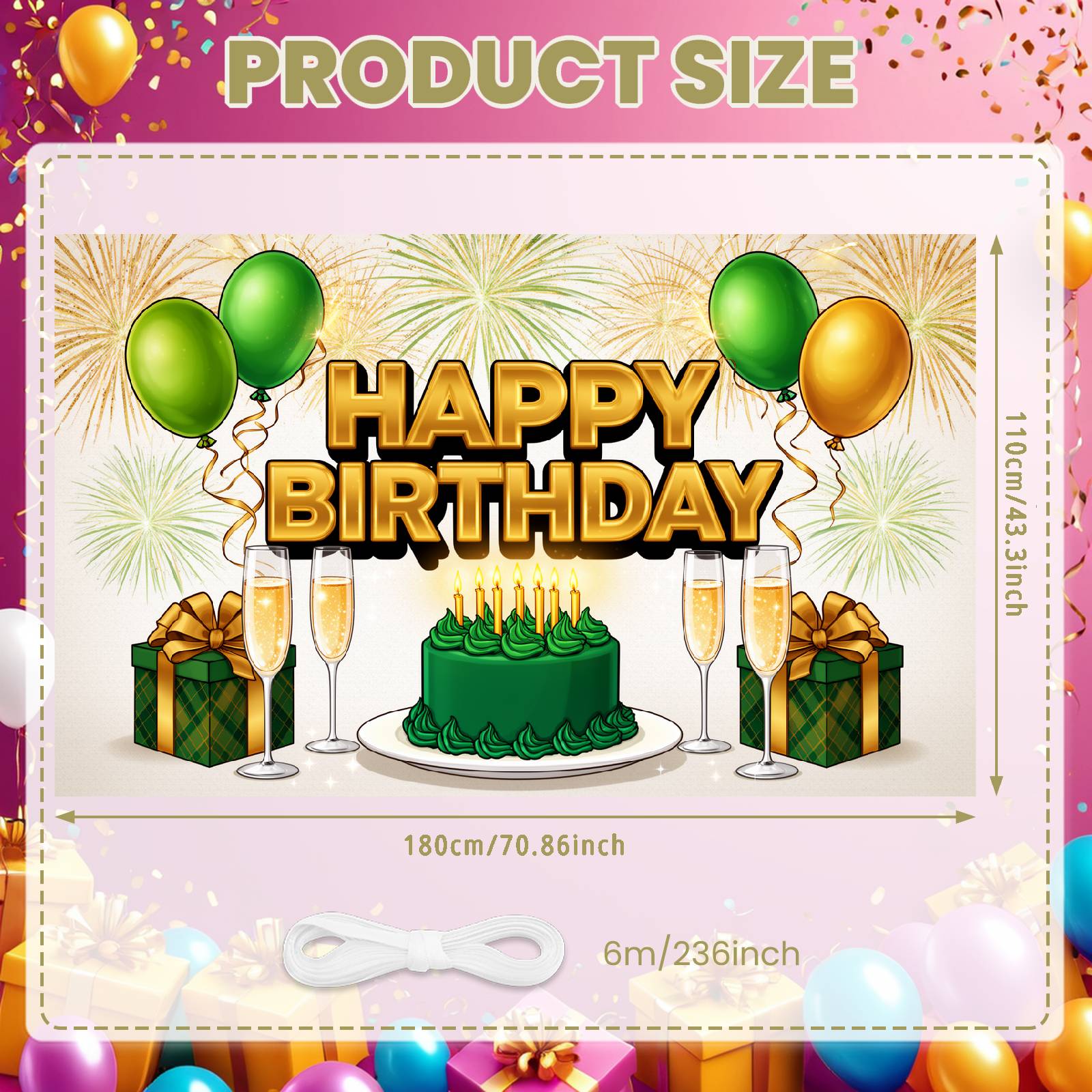 Banner Green Birthday Cake Celebration Banner Birthday Background Firework Design Party Backdrop For Friend Birthday