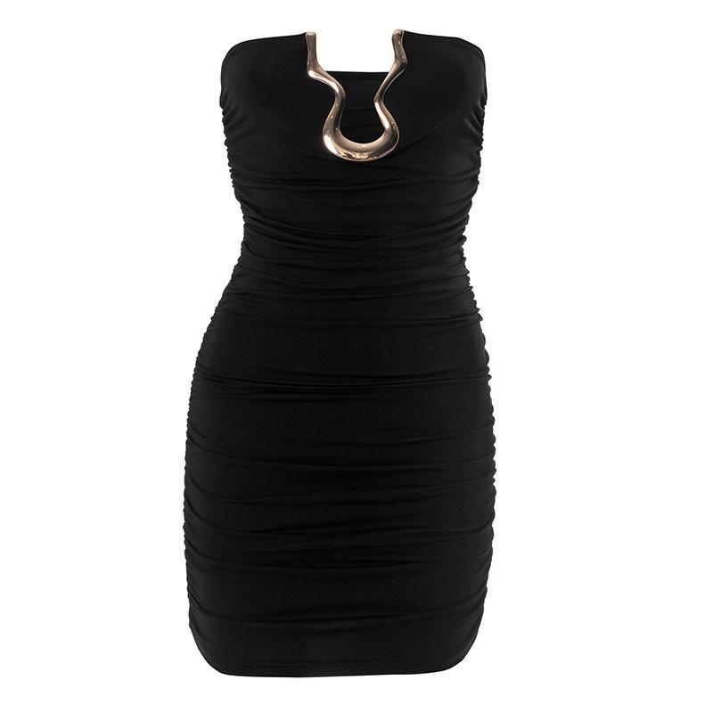 Sanhu Lianjiang Q25DS174: European & American Women's Sexy Summer Bandeau Mini Dress with Metal Details.