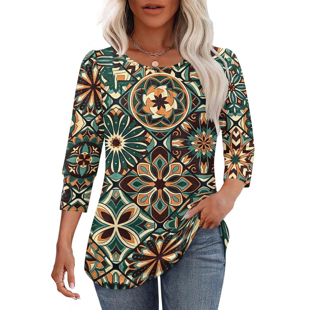 Damen Freizeit Oberteil Lockere Passform Dreiviertelarm Rundhalsausschnitt Bluse Leichter Bequemer Stoff Stilvolles Gemustertes Design