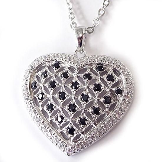 Большое Сердце Ожерелье, Черно-Белое Сетчатое Сердце Кулон, Стерлинговое Серебро 925 20011 [В Подарочной Упаковке]