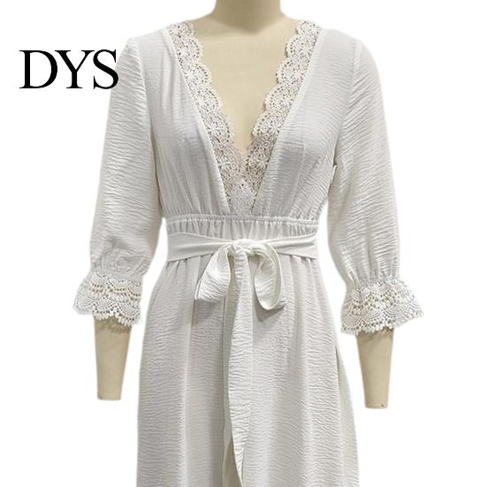 Solid Color Lace Dress Women V-Neck for Fall, 3/4 Sleeves Maxi with V Neck Belt, Loose Casual Long Vacation Daily Wear Belt