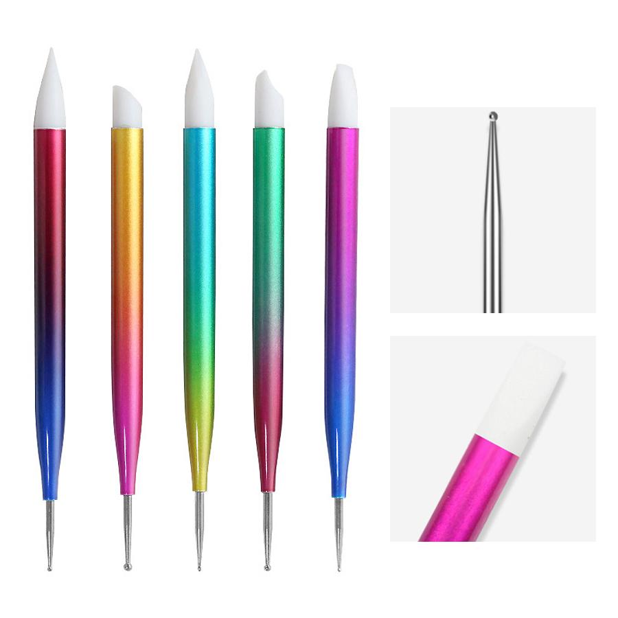 5Pcs Dual Heads Gradient Dotting Pen Brush with Silicone Rhinestones Gem Picker Crystal Picking Manicure Nail Art Tools