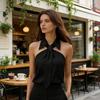 Women Shirt Lapel with Tie Off Shoulder Sleeveless Shirt Tops Pure Color Loose Fit