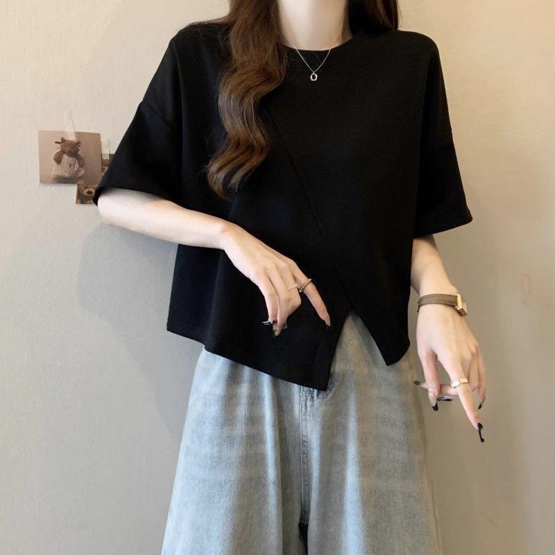Large size front shoulder irregular short-sleeved T-shirt for women's summer new thin belly cover design split top for women