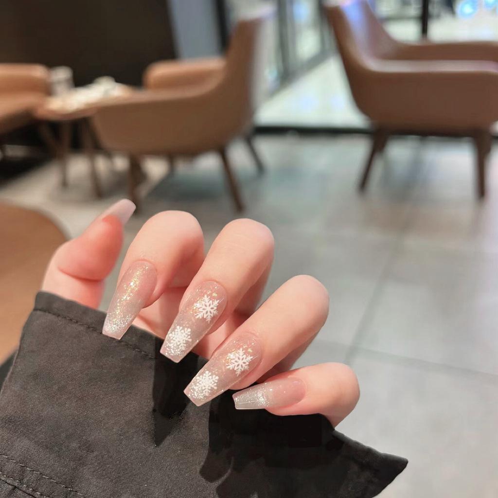 WM-84 Cat Eye Snowflake Gel French False Nails Set - Handmade Wearable Nail Stickers, Finished Manicure, 24 Pieces Glue Version
