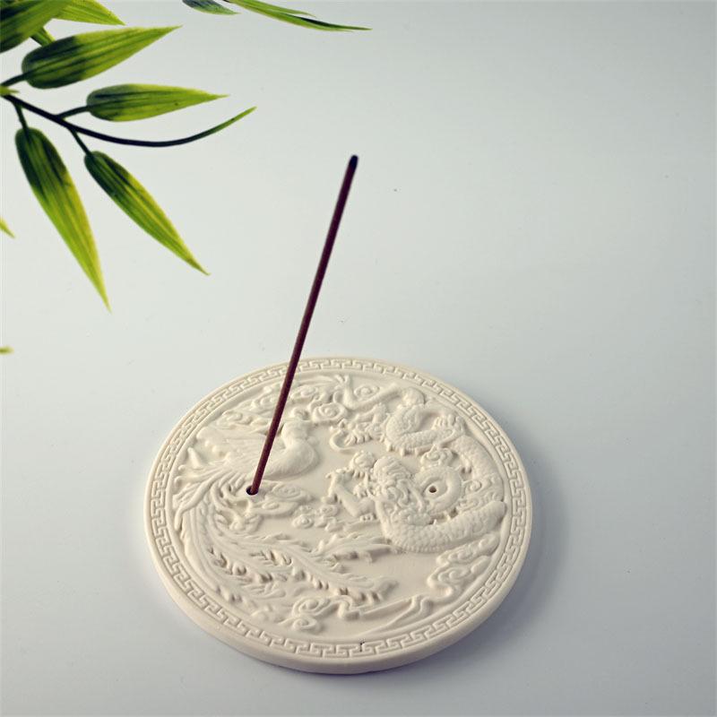Plain White Porcelain Dragon & Phoenix Embossed Incense Holder for Indoor Use