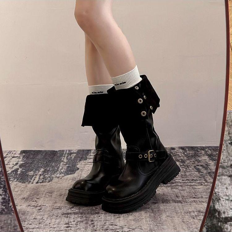 Женские ретро кожаные ботфорты на платформе до колена, осень 2025 Default Option