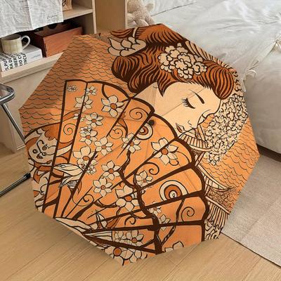 1ks Floral kimono, Tradiční vzor vějíře Malý cestovní kompaktní větruodolný deštník, Automaticky skládací deštník, Automatické otevírání/zavírání, Dárek-165
