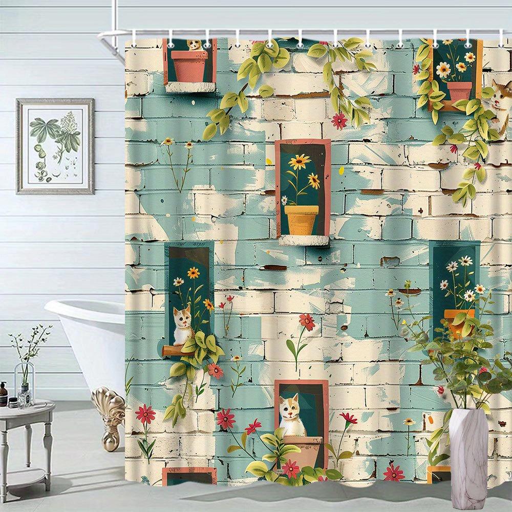

Cat Window Floral Shower Curtain, Wall Landscape Design, Adds Fun & Vitality, Polyester, 70.8x70.8 , 12 Hooks, Bathroom Decor W90xH180cm