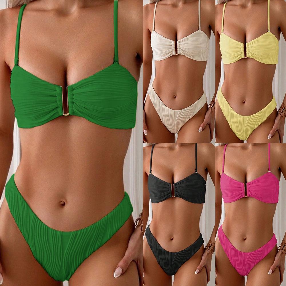 

Women s Sexy High Waist Deep V Solid Color Bikini Swimsuit for European & American Hot Spring Vacation Extra Large