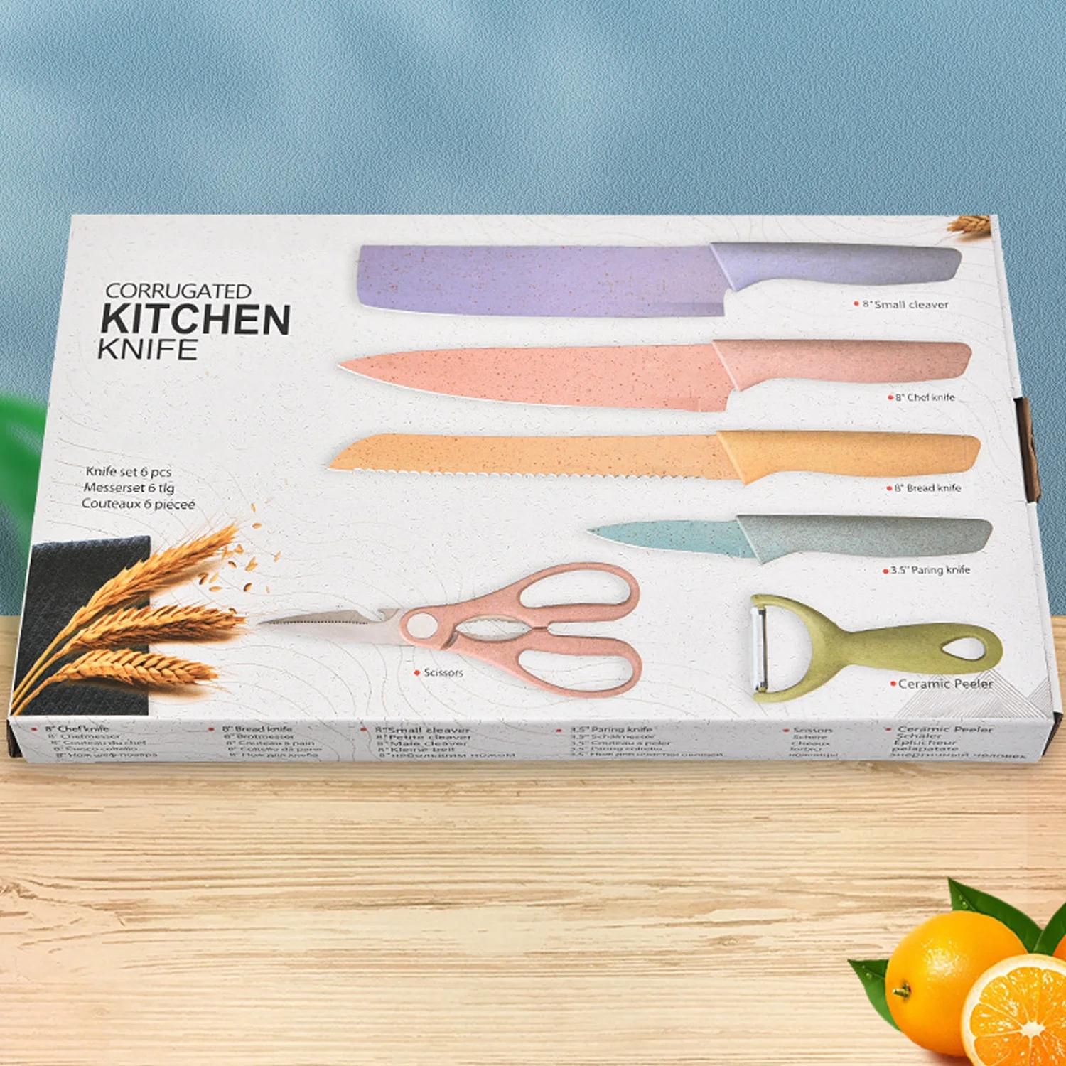 

6 шт./компл., набор кухонных ножей цвета макарон для шеф-повара, ножницы из нержавеющей стали, фруктовый нож, кухонные аксессуары, принадлежности