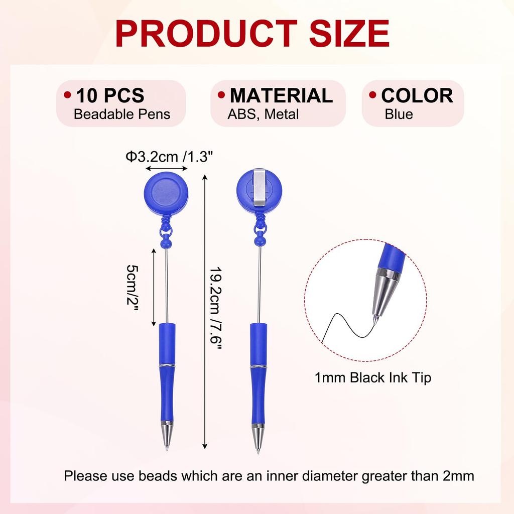 PATIKIL 10pcs Bead Pens Retractable Badge Reel Bead Pens Bulk Beads Ballpoint Pens Black Ink DIY for Making Worker Waitress Writing Instrument Blue