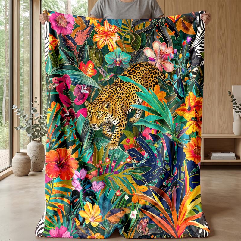 Jungle Leopard Floral Fusion 1 Theme blanket Lightweight Warm Flannel Blanket Decorative Throw Blanket for Home Decoration