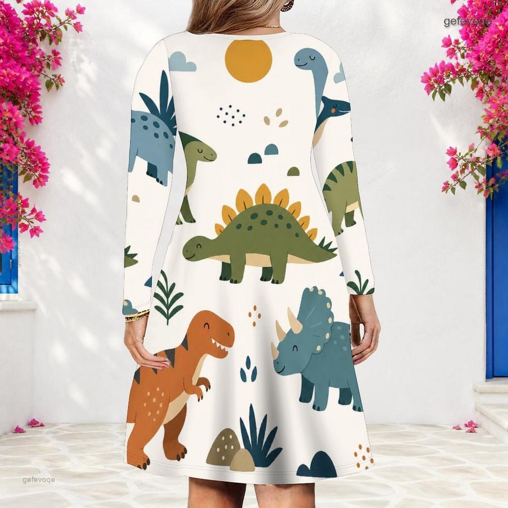 Women Plus Size V Neck Long Sleeve Cat Printed Grey Checkerboard A Line Dress
