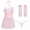 Chinese Ancient Style Cute Floral See Through Halter Dress Pink Kimono Backless Sexy Lingrie Women Outfit Costume