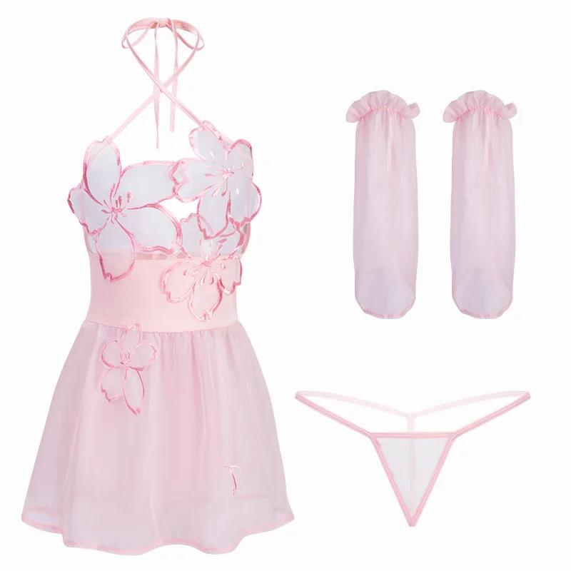Chinese Ancient Style Cute Floral See Through Halter Dress Pink Kimono Backless Sexy Lingrie Women Outfit Costume