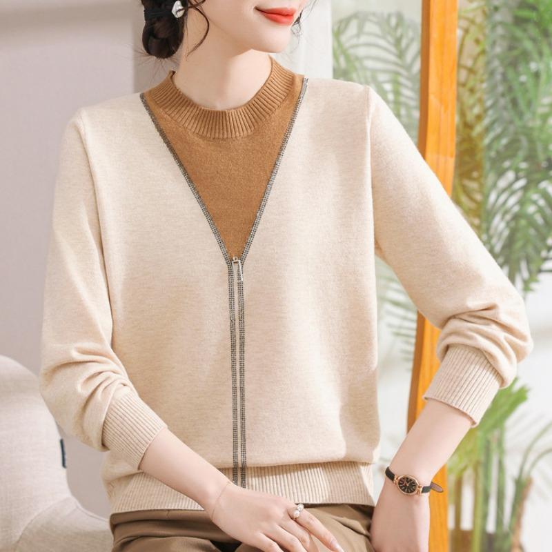 

Весенний новый наряд для молодой мамы, женский вязаный свитер для женщин среднего возраста, с круглым вырезом, тонкий свитер с длинным рукавом, свободный топ для свекрови 3XL бежевый