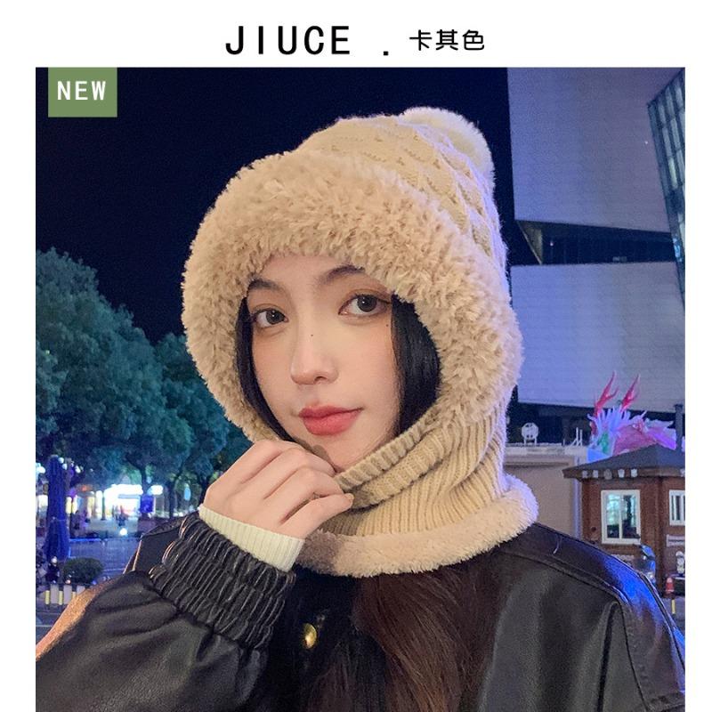 One-piece knitted hat women's autumn and winter velvet thickened mask ear protection wool hat outdoor cold big head suitable for thermal hat
