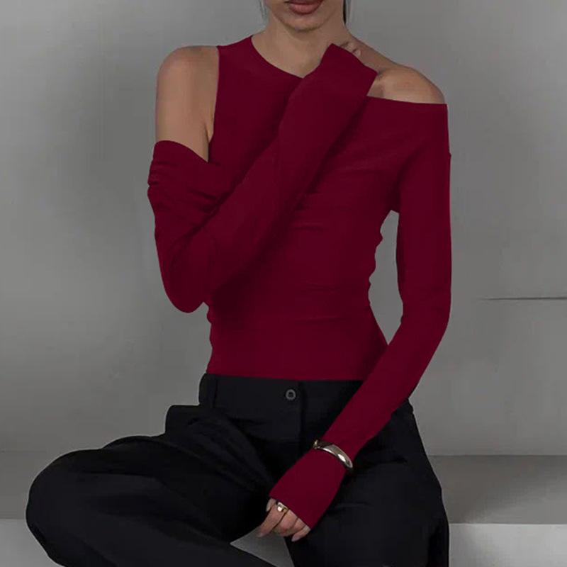 UN Europe and The United States Wind, Women's Clothing, 2025, Spring New, Fashionable Personality, Irregular, Oblique Shoulders, Pleated Slim T-shirt,