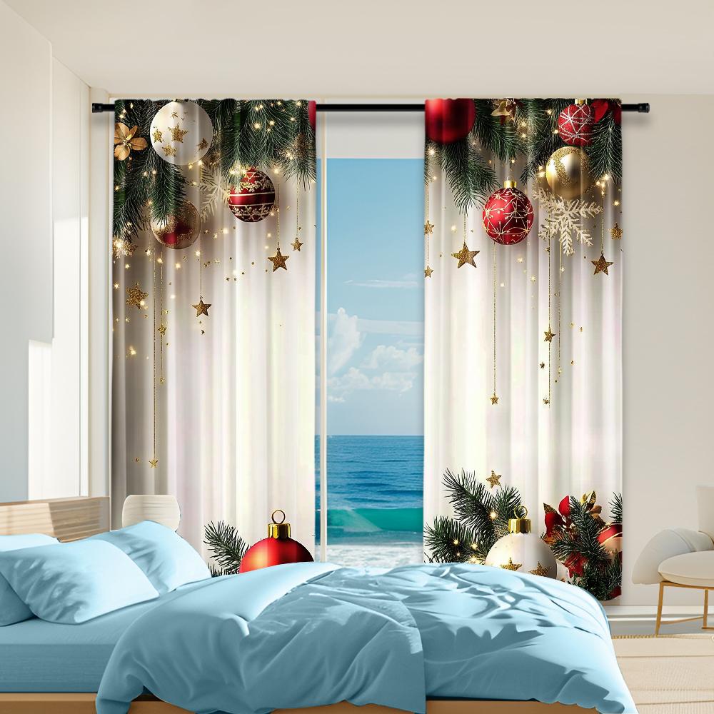 

Set Of 2 Festive Golden Red Ball Pine Leaves Design Christmas Window Curtains Polyester Living Room Made Sitting Treatment W100*H70(CM)-Hooks&2PCS