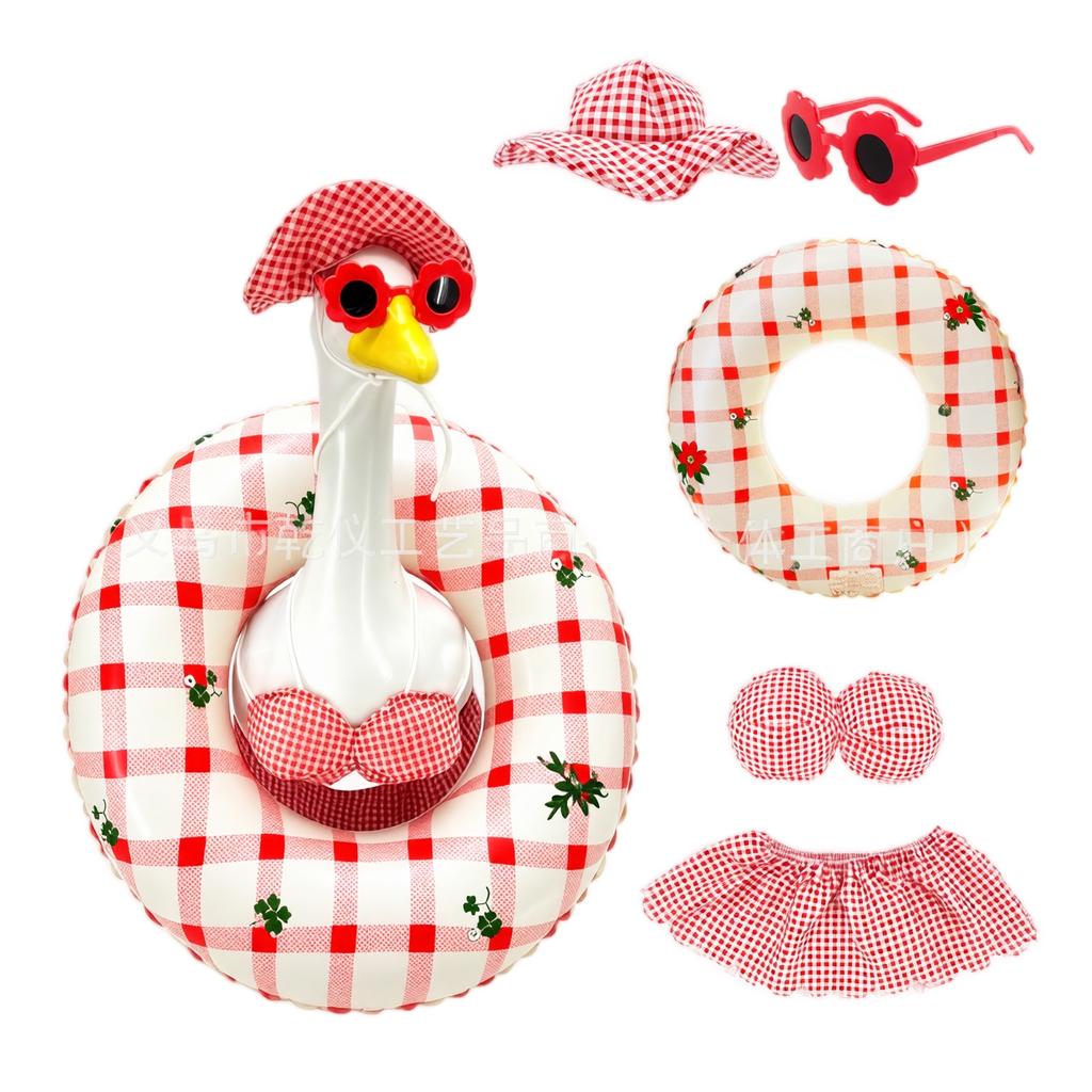 Inflatable Goose Pool Float with Five-Piece Bikini Set Includes Hat Sunglasses Top Skirt and Swim Ring for Summer Water Activities