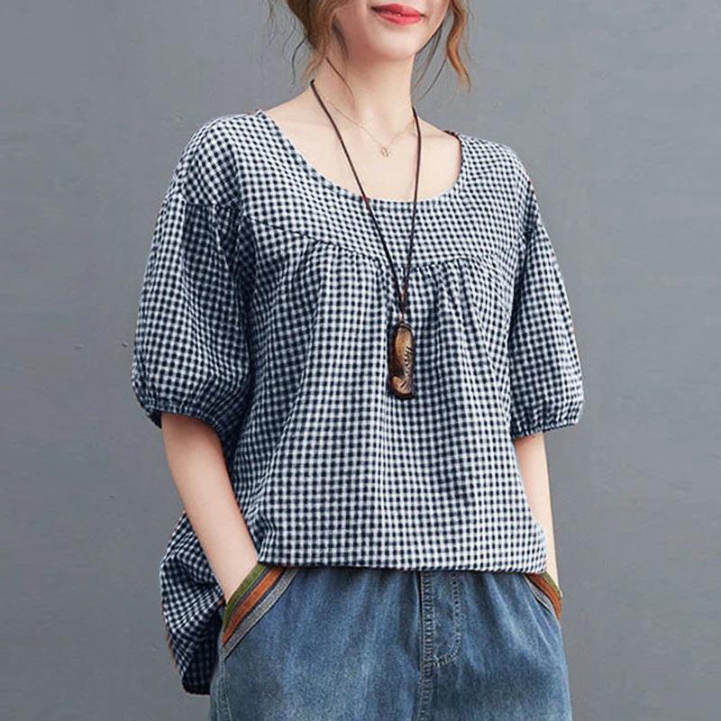 

Summer Vintage Women Casual Loose Shirt Baggy Plaid Checked Tunic Fashion O Neck Short Sleeve Blouse Blusas XXS