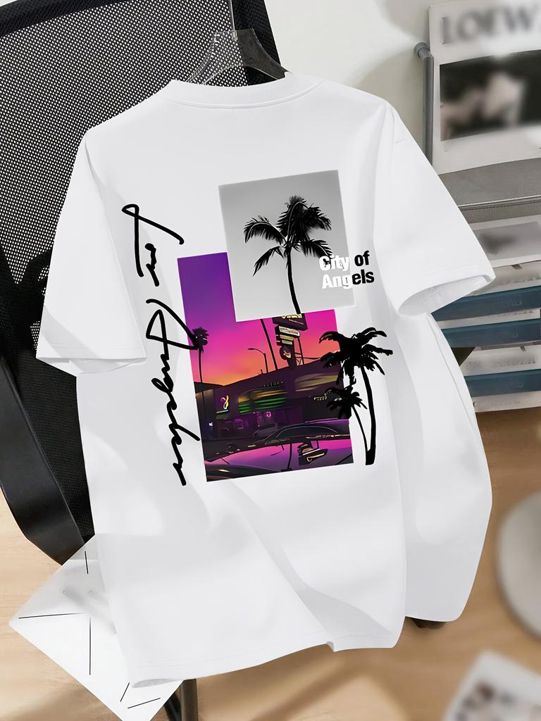 Los Angeles City of Angels Palm Tree Graphic Tee for Men Breathable Perfect for Summer Streetwear Style
