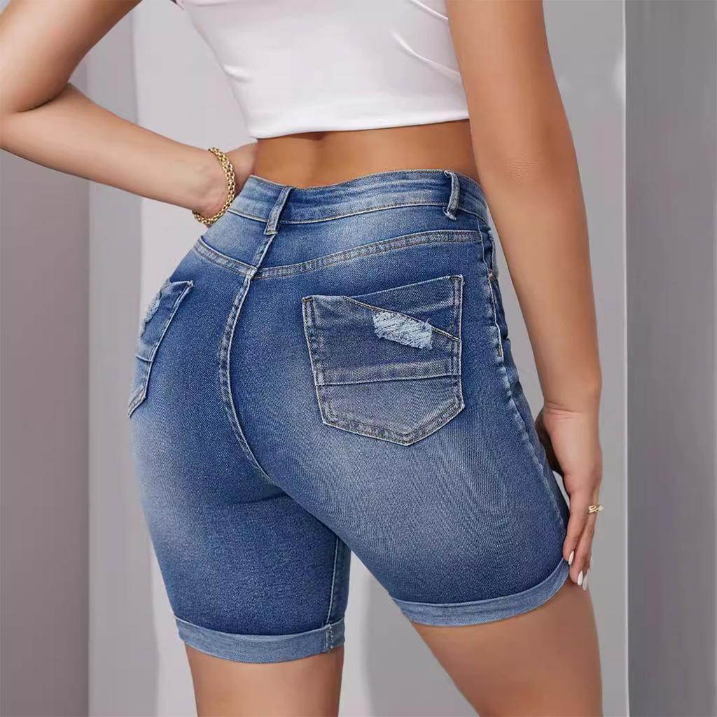 Ladies' Casual Hole  Versatile Fashionable Denim Shorts