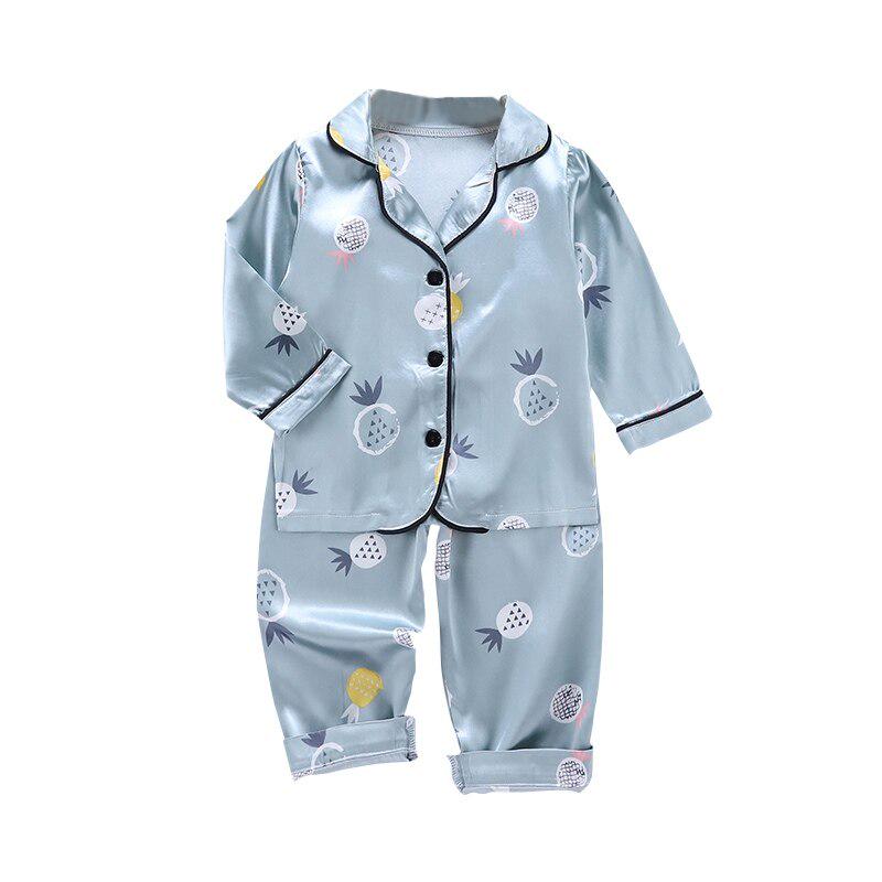 

Осенний комплект одежды для сна с принтом ананаса для маленьких девочек и мальчиков, детская милая блузка с длинными рукавами, топы + штаны, пижамы M