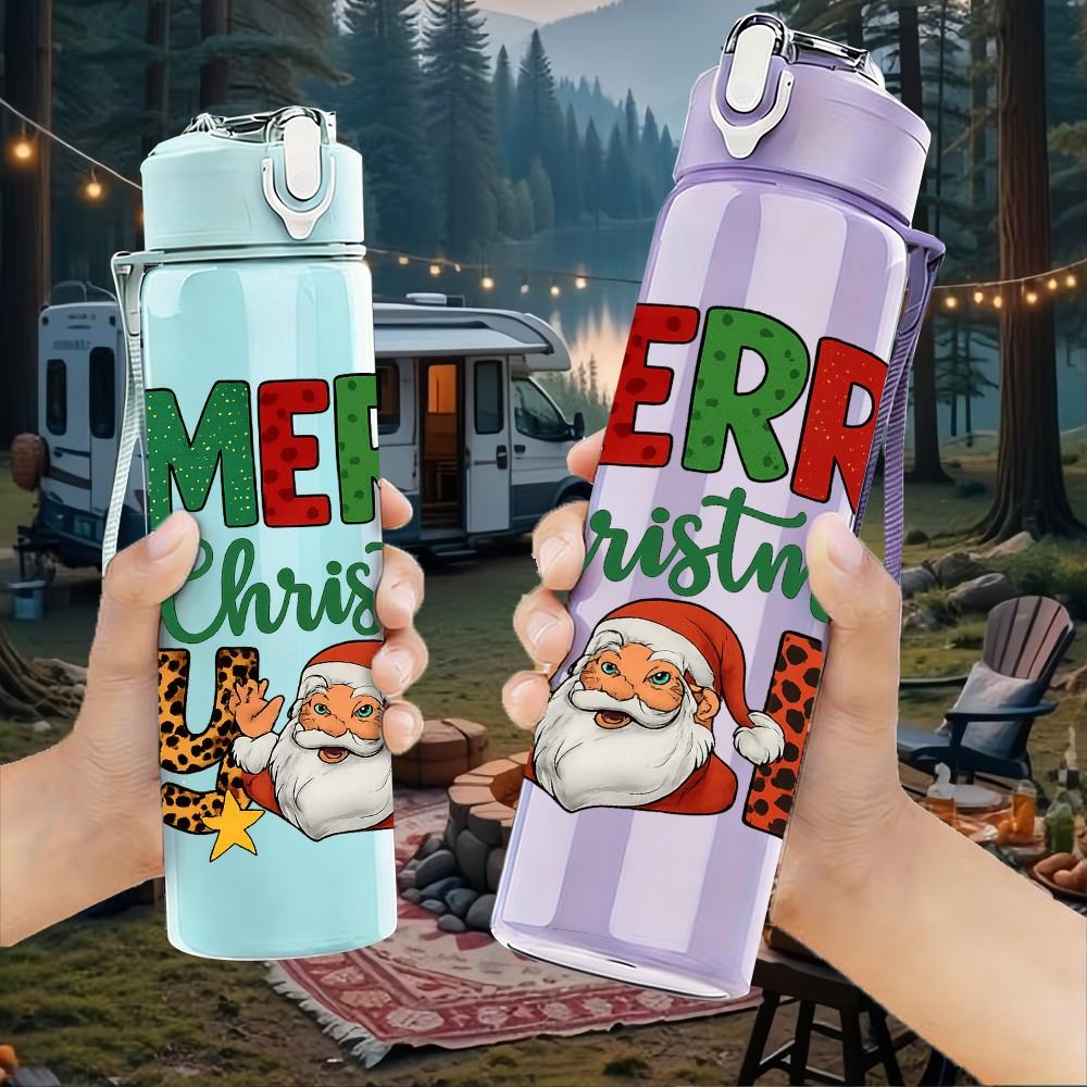 1PC Merry Christmas Santa Letter 750ml Color Plastic Sports Water Bottle Leakproof Flip Straw Lid Suitable for Sports Office Home Use