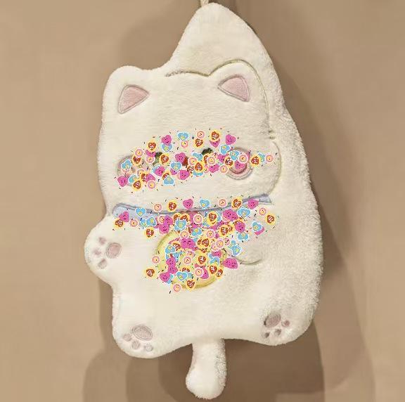 Cartoon Cat Coral Fleece Hand Towel - Absorbent Hanging Towel for Kitchen or Bathroom