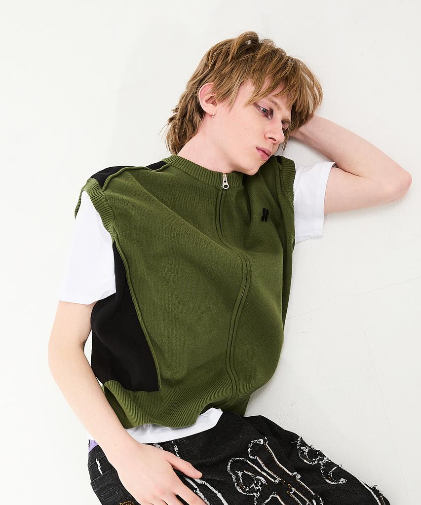 Hoodhood Racing Knit Zip-Up Vest Khaki