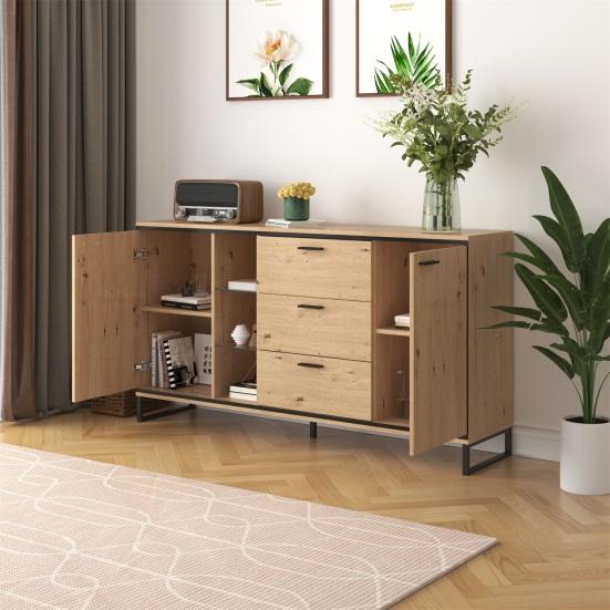 Kitchen Cabinet with Two Doors Three Drawers Wood Grain Metal Legs Wood Color Utility Pantry Dining Room