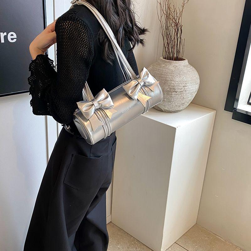 Bow Bag Women's Single Shoulder Armpit Bag Versatile Crossbody Bag Hand-held Cylindrical Baguette Bag