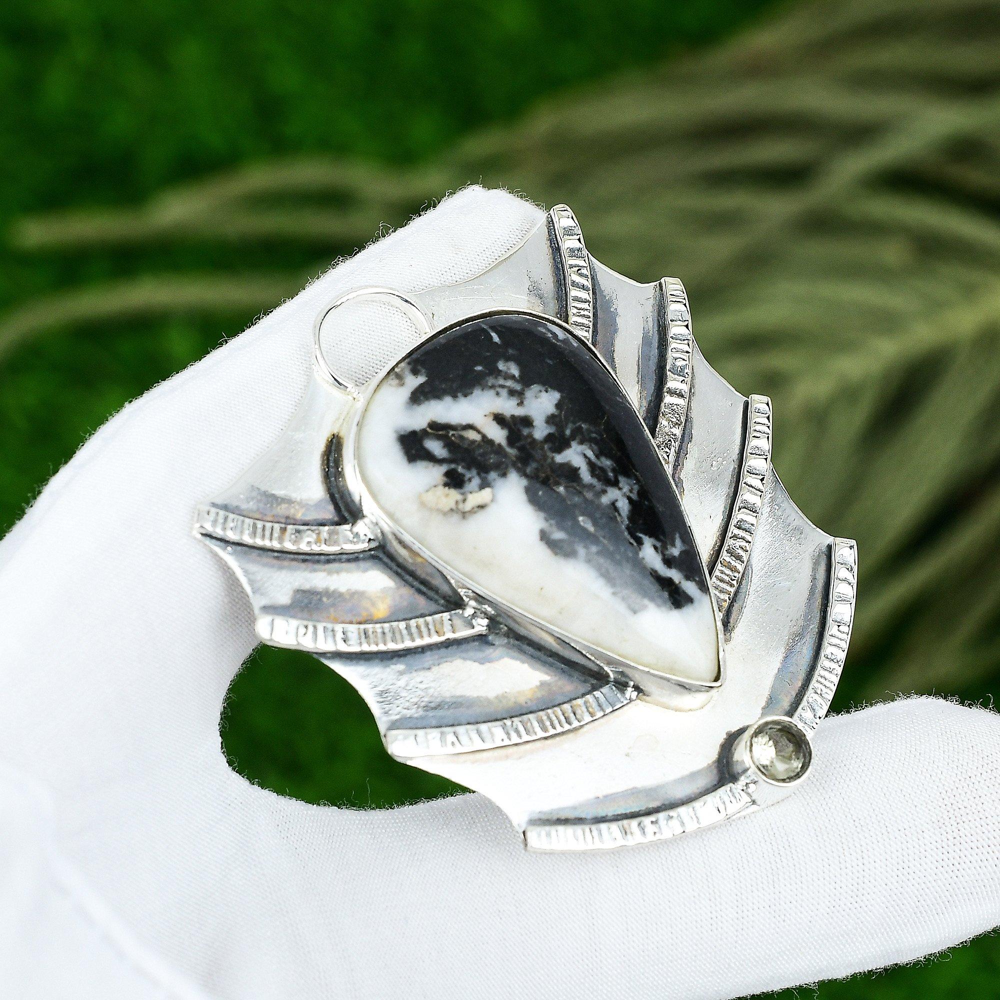 

Mothers day Sale Zebra Jasper Gemstone White Topaz Pendant 925 Sterling Silver