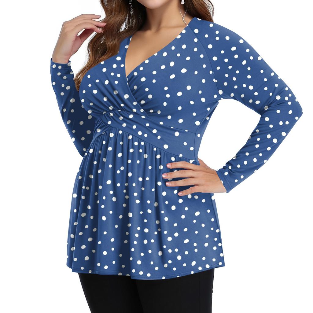 Women's Plus Size Shirt Long Sleeve  Print Top Pleated Casual V-Neck Top