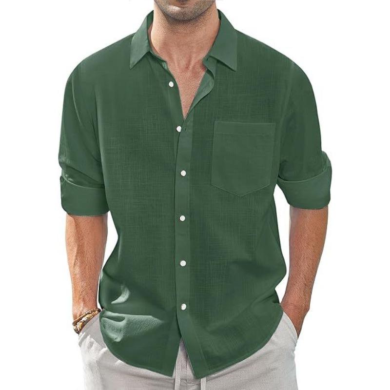 Camicia Casual da Uomo a Maniche Lunghe, Monocolore, Bottoni, Puro Cotone