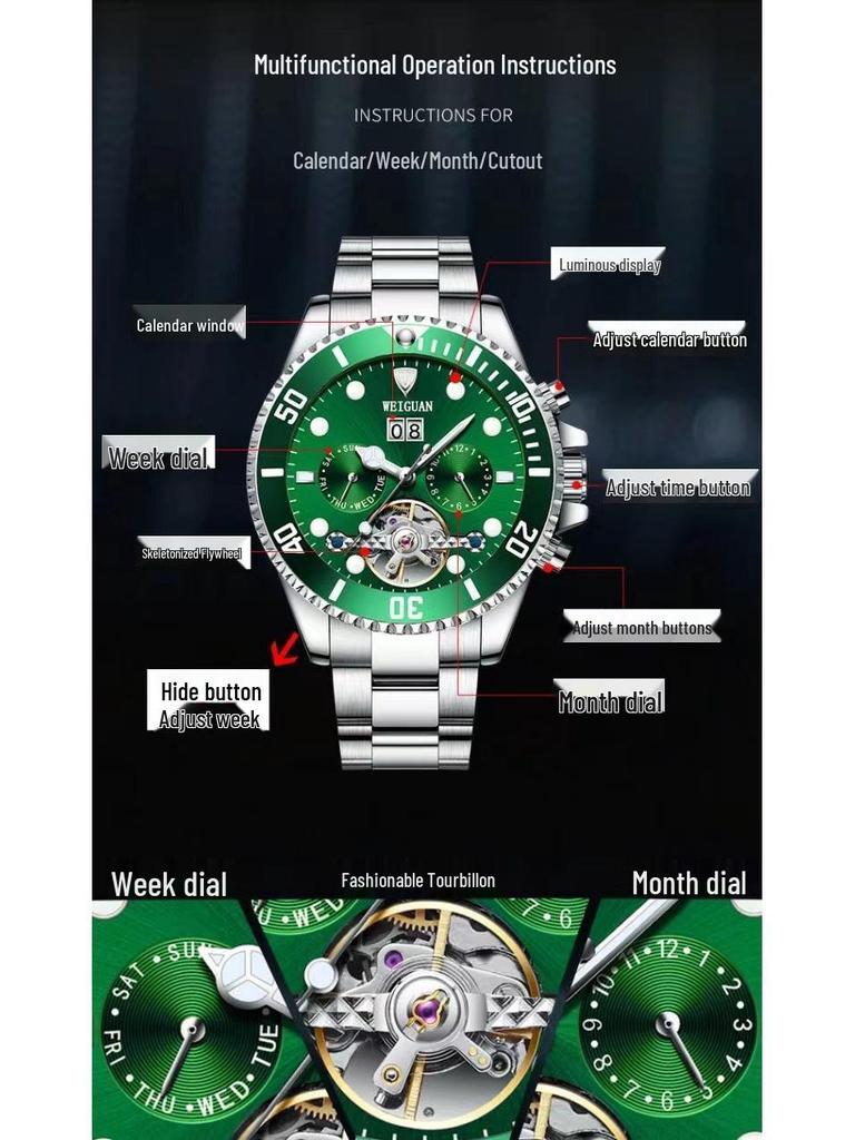 Green Ghost Automatic Tourbillon Men's Watch with Multifunctional Calendar, Luminous Features, and Waterproof Design.