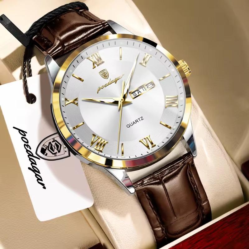 POEDAGAR Luxury Fashion Watch for Man Leather Date Week Casual Quartz Clock Waterproof Luminous Business Watches Reloj