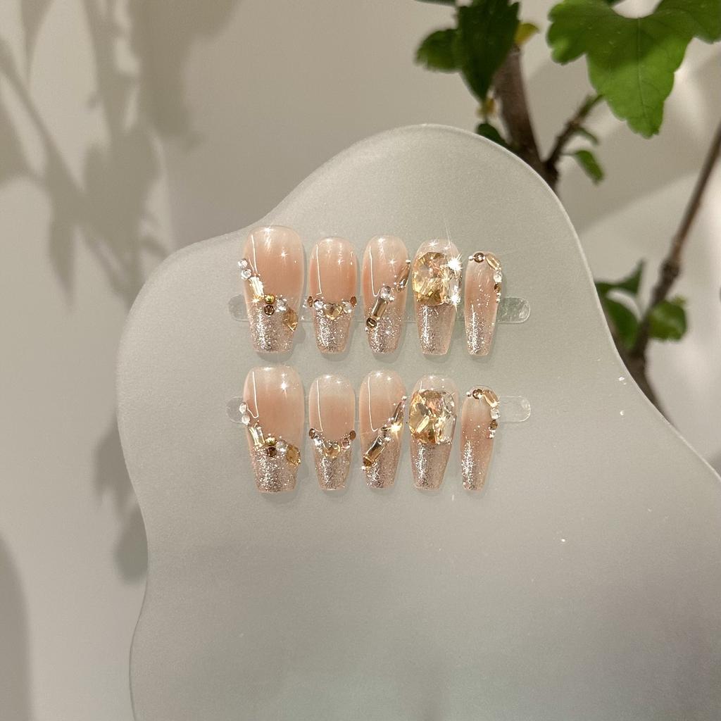 Women Press‑On Nails Pure‑Handmade Autumn Winter Brown Blush Pile Rhinestone Sparkling False Nail Patches