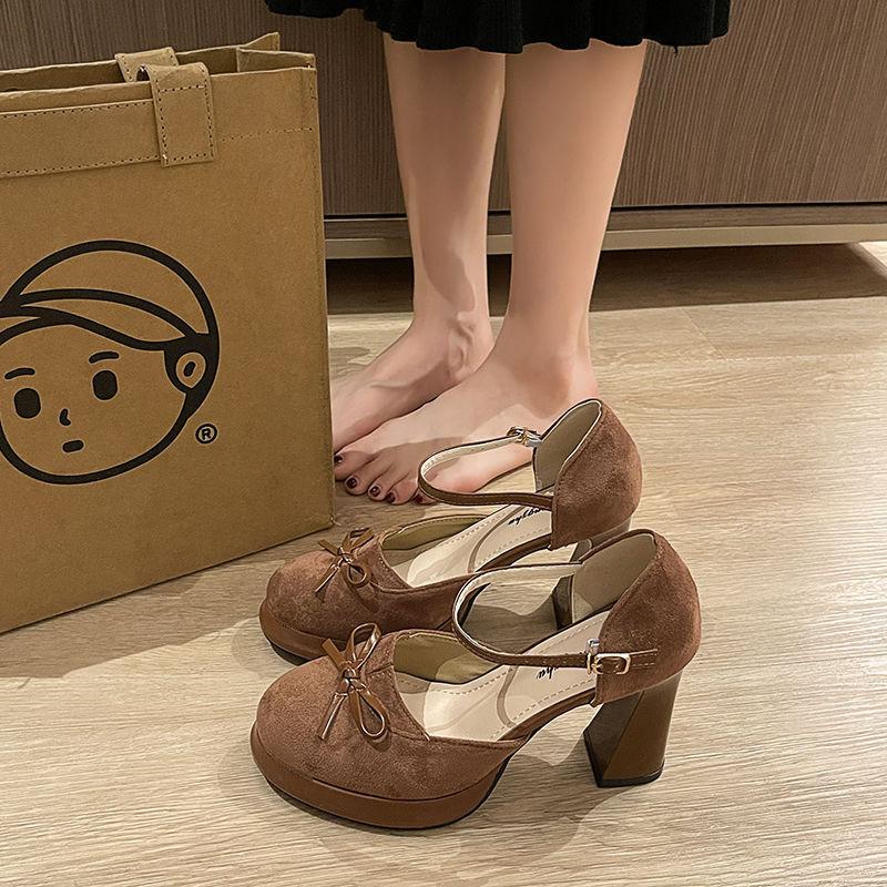 Height-increasing super soft retro Mary Jane shoes high heels round head light mouth bow French single shoes