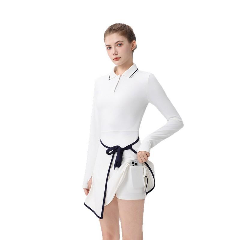 Womens Tennis Dress With Contrast Polo Collar High-Elastic Fit Built-in Shorts Breathable Knit Sport Set