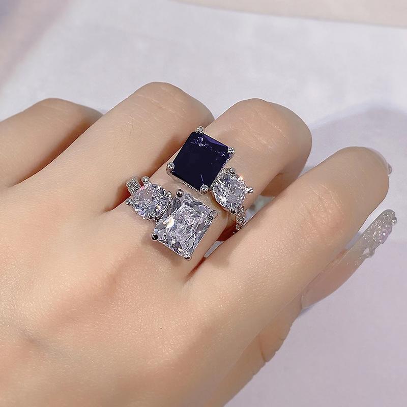 Luxury high carbon diamond ice flower cut engagement ring female  silver dark blue zircon irregular opening ring party gift