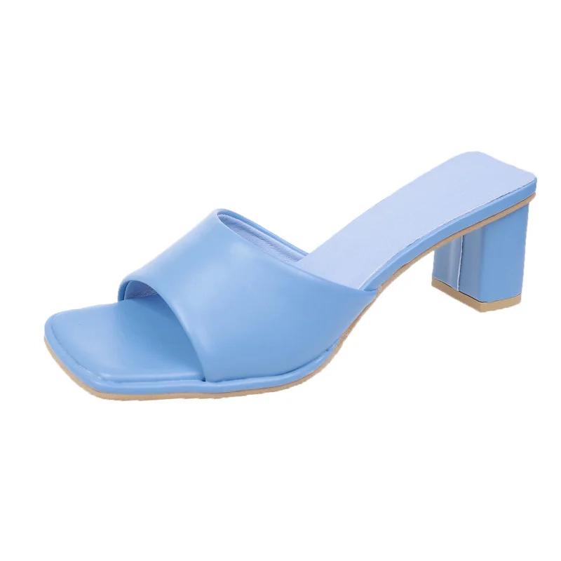 Fashion Summer New Women's Solid Color Candy Color Thick Heel Square Head Open Toe Sandals
