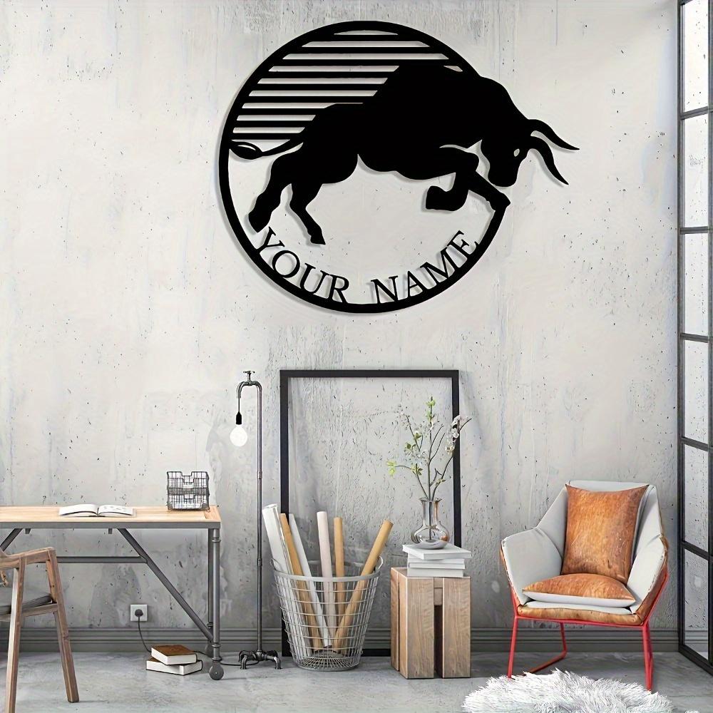 Art Mural Taureau en Métal Noir Personnalisable Unique Plaque Décorative Cadeau Nom Personnalisé Décoration Intérieure Bohème