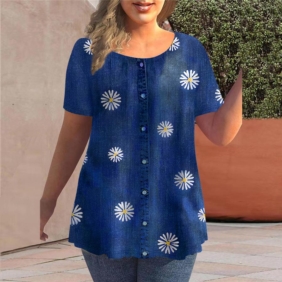 

Женская летняя футболка с ковбойским принтом ромашки, футболки с короткими рукавами, повседневные топы с принтом 8XL темно-синий