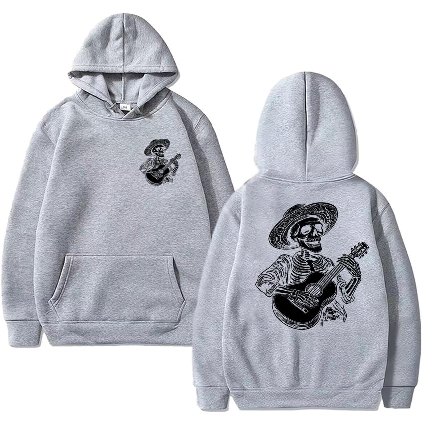 Guitar Player Skull Skeleton Gift Double Sided printed Black streetwear Men women hip hop Casual Hoodies Unisex Fleece pullovers