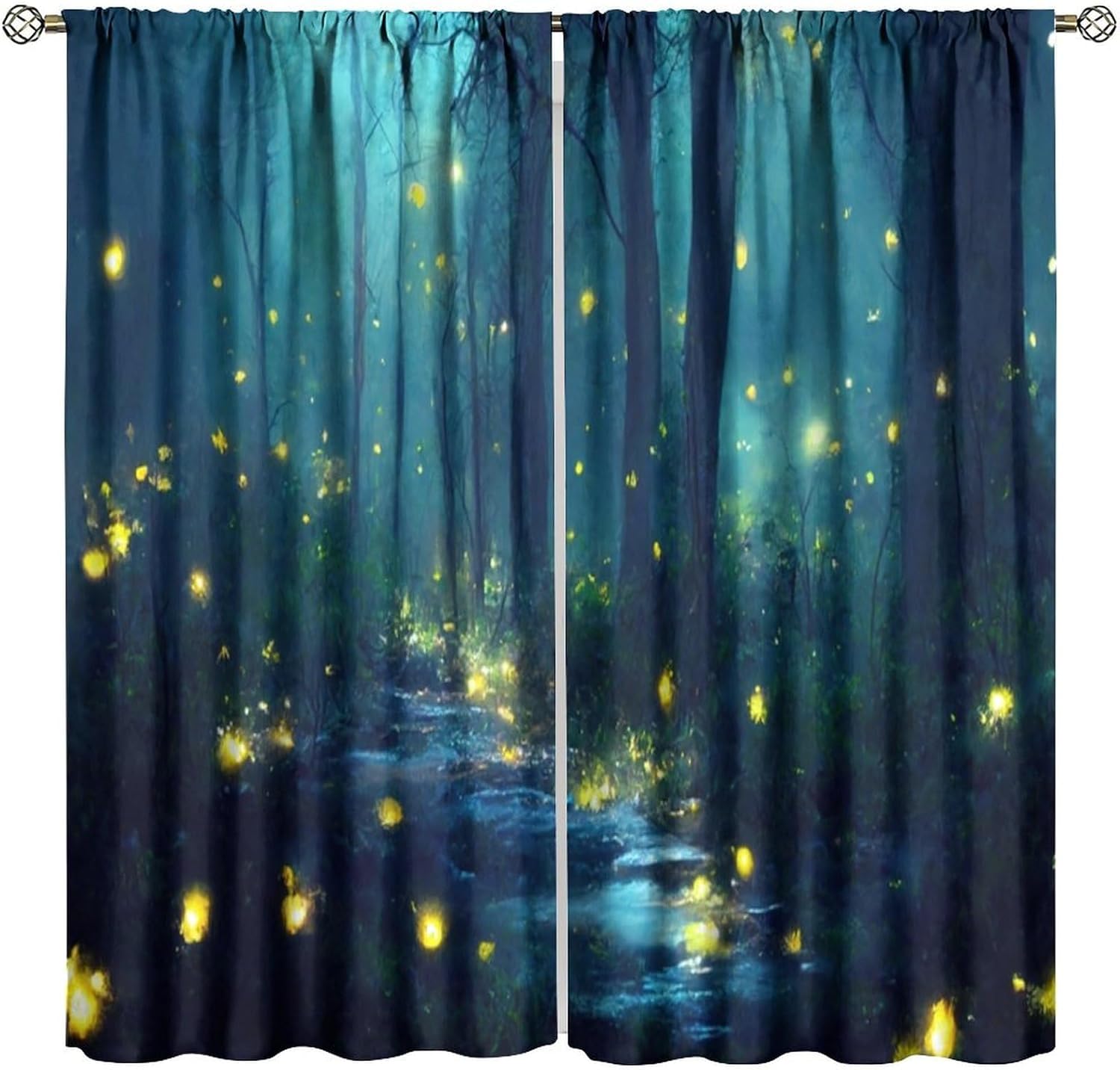 Enchanted Forest  Curtains – Glowing Fireflies & Misty Trees in Night Scene, Rod Pocket Drapes for Bedroom or Living Room 60×150cm
