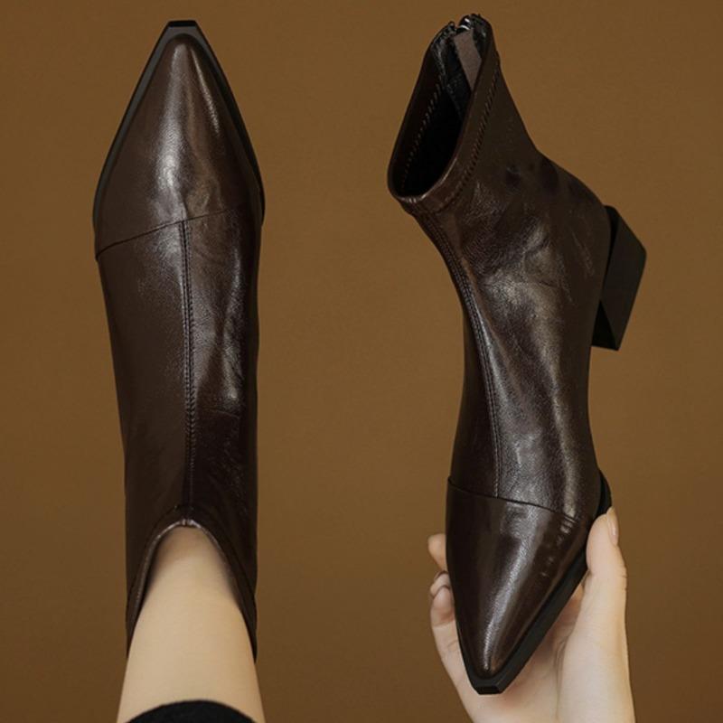 Pointed Elastic Boots - New Autumn-winter Style, Thick Heel, Short Boots, Women's Retro Shoes