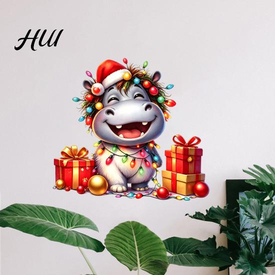 Hippo Wall Decals for Christmas Cartoon Decal, Cute Sticker with Colorful Lights & Holiday Glass Stickers Decor Xmas Balls, Waterproof Mural